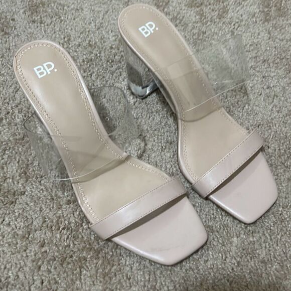 BP Women's Size 10 Clear Block Heel Strappy Sandals Nude Beige Contemporary New - Picture 1 of 9